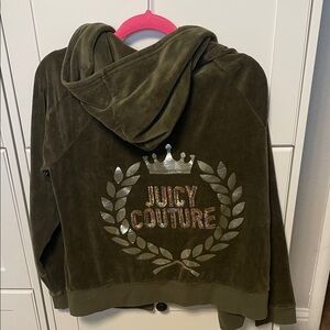 Vintage Juicy Couture Olive Velour Zip Hoodie with Metallic Crest